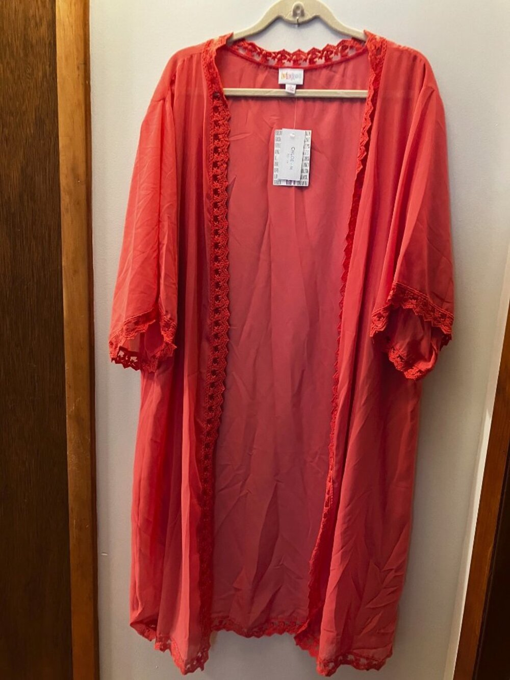 LulaRoe Chloe Sheer Duster Coral Size M 44"L, 100% Polyester